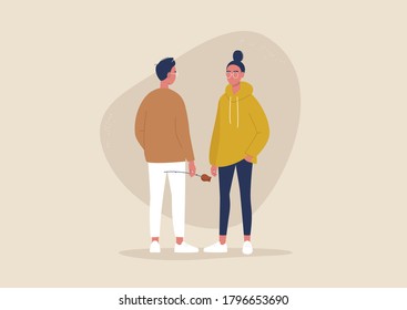 A romantic date, two characters standing opposite each other, a red rose