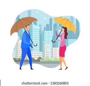 Romantic Date under Rain Flat Vector Illustration. Man and Woman Holding Parasols Cartoon Characters. Autumn Cityscape, Rainy Season, Dating. Couple in Love, Friends Meet in bad Weather