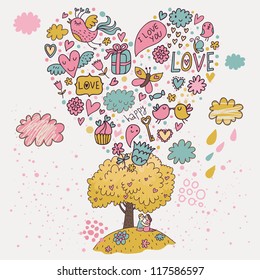 Romantic date under the tree of love. Stylish Valentine's Day illustration of a couple in love. Wedding invitation card. Lovely vector background