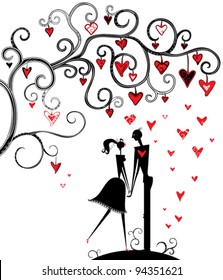 Romantic date under the tree of love. Stylish Valentine's Day illustration of a couple in love under the branches of the tree of love.