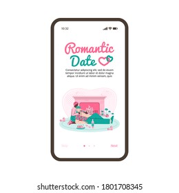 Romantic date and virtual dating application design of onboarding mobile page with man and woman characters, cartoon vector illustration isolated on white background.
