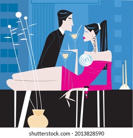 Romantic date:a woman and a man in the interior, drinking cocktails