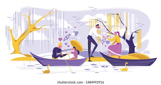 Romantic Dating in Boat Flat Cartoon Vector Illustration. Quiet Place for Declaration Love. Foliage Trees Growing above Reservoir. Beautiful Card for Couples Love. Girl with Umbrella. Relationship.