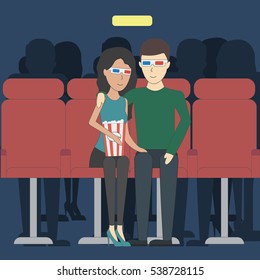 Romantic dating in cinema. Young happy couple in 3d glasses watching film with popcorn.