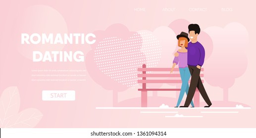 Romantic Dating Concept. Cartoon Man Walk with Woman Outdoor Street Vector Illustration. Happy Boyfriend Hug Girlfriend Love Couple Conversation Flirt Male Female First Date Bench Park