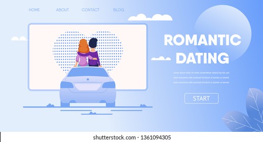 Romantic Dating Concept. Love Couple Boyfriend Girlfriend Sit on Car Watching Movie at Parking Lot. Open Air Drive In Theatre Vector Cartoon Illustration. First Date Romantic Night Outdoors