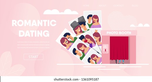 Romantic Dating Concept. Love Couple Boyfriend Girlfriend Have Fun Photo Booth Cabin Cartoon Vector Illustration. Funny Photo Picture Man Woman Smiling Portraits with Props Hat Mustache.