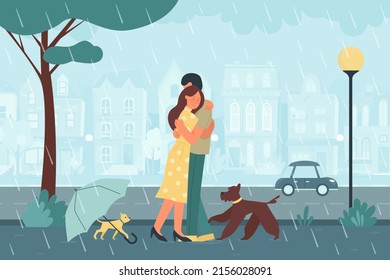 Romantic dating of couple people in rainy weather and storm. Young man and woman hugging, standing on road under rain, dogs playing around vector illustration. Love, Valentines day, season concept