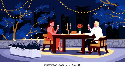 Romantic dating and dinner of couple in rooftop restaurant vector illustration. Cartoon scene with elegant man and woman dining at table and drinking wine, love date at night luxury terrace of roof