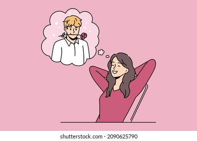 Romantic dating and dreaming of love concept. Smiling positive woman sitting and dreaming about her boyfriend with rose flower in mouth vector illustration 