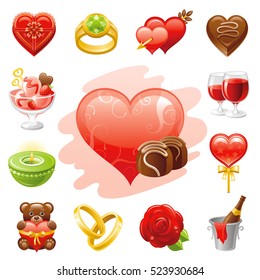 Romantic dating icon set. Valentine's day romance couple symbols. Vector illustration icons - heart, rose flower, wine drink, golden wedding ring, chocolate box, cupid arrow, lollipop, bear, isolated