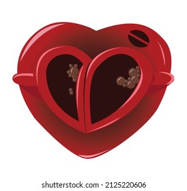 Romantic dating icon with two heart shaped red coffee cups. Vector illustration isolated on white background.