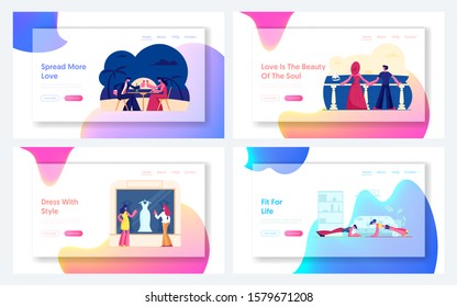 Romantic Dating on Beach, Women Choose Dress, Couple Fitness Exercise Website Landing Page Set. Man and Woman Love, Shopping Hobby, Sports Activity Web Page Banner. Cartoon Flat Vector Illustration