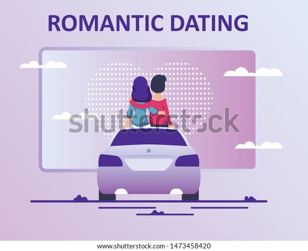 Romantic\
Dating at Open Air Car Cinema Cartoon Poster. Man and Woman in Love\
Sitting on Car Roof and Enjoying Rest. Lovers Watching Movie.\
Vector Flat Illustration with Gradient\
Backdrop