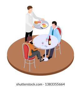 Romantic dating in restaurant isometric vector illustration