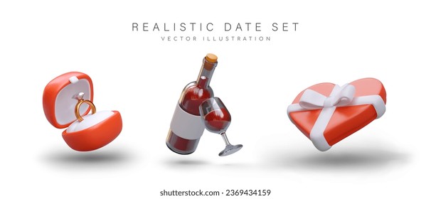 Romantic dating set. Realistic ring box, red wine glass and bottle, heart shaped candy box. Isolated vector images, color icons for website, application