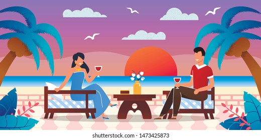 Romantic Dating for Two at Seaside on Tropical Island. Happy Smiling Man and Woman Sitting at Outdoors Cafe under Palm Trees. Beautiful Sunset at Backdrop. Rest at Resort. Vector Illustration