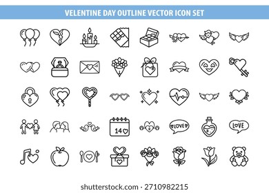 Romántico Día de San Valentín 2026 Conjunto de iconos de Vector de contorno: amor, corazones, parejas, regalos y paquete de arte de línea de celebración