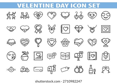 Romântico Dia dos Namorados 2026 Contorno Vetor Ícone Set - Amor, Corações, Casais, Presentes e Comemoração Line Art Pack