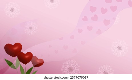 Romantic Valentine’s Day background featuring heart-shaped flowers on a soft pink backdrop with floating hearts and delicate floral details. Ideal for love-themed designs, greeting cards, and wedding.