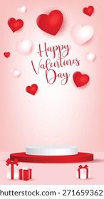 Romantic Valentine’s Day background with red and white hearts, gift boxes, and a podium display. Perfect for love, romance, holiday promotion, and greeting designs.