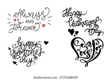 Romantic Valentine’s Day calligraphy lettering vector set featuring love quotes, heart elements, and decorative typography. Ideal for greeting cards, wedding invitations, anniversary designs, posters, print-on-demand products, stickers, apparel, and romantic social media graphics. Elegant, hand-drawn, and modern love typography collection.