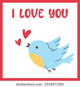 Romantic Valentine’s Day Card. Valentine’s Day Card. Cute bird and hearts. For Flyers, Sales, and Promotions. Trendy vector illustration
