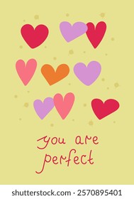 Romantic Valentine’s Day card design with colorful variations of heart shapes, dots and hand drawn lettering text. Vector Illustration on yellow background for postcards, banners, social media