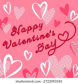 Tarjeta romántica del día de San Valentín con letras brillantes que parecen dibujadas a mano con un bolígrafo de chocolate, rodeadas de muchos corazones. Perfecto para mensajes de amor, saludos y dulces diseños de vacaciones.