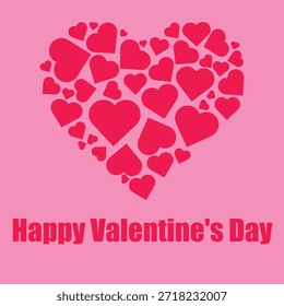 Romantische Valentinstag-Karte mit Herzform aus roten Herzen auf weichrosa Hintergrund und Happy Valentine’s Day Text. Nette und festliche Vektorgrafik, die Liebe, Romantik, Zuneigung und Feier symbolisiert. Perfekt für Grußkarten, Poster, Einladungen, Social Media, Prints und Urlaubsdesigns.