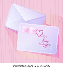 Romantic Valentine’s Day card illustration featuring an envelope and a letter with heart-themed stamps and a "Happy Valentine’s Day" message. Ideal for holiday designs, invitations, and greetings.