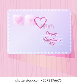 Romantic Valentine’s Day card illustration featuring an envelope with heart-themed stamps and a "Happy Valentine’s Day" message. Ideal for holiday designs, invitations, and greetings.