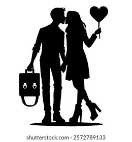 Romantic Valentine’s Day couple silhouette vector illustration. Perfect for love-themed designs, wedding invitations, anniversary cards, romantic posters, and Valentine’s projects.