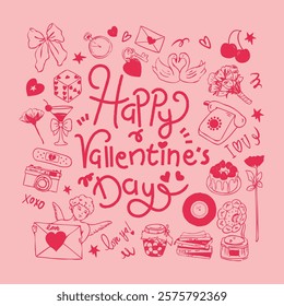 Romantic Valentine’s Day Doodle and lettering, A Charming Valentine-themed doodle illustration, Perfect for cards, posters, or digital projects celebrating love and romance.