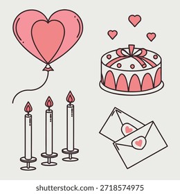 Conjunto de ilustración de línea plana romántica de San Valentín con globos de corazón, pastel de celebración, velas y sobres de cartas de amor Diseño de Vector