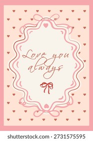 Romantischer Rahmen zum Valentinstag, illustriert mit Tinte in sanftem Rosa und tiefen Burgundertönen. Handgezeichnete Liebe und eine Vintage-Liebe, die Sie für Fotos und Keepsakes beenden, schaffen eine nostalgische, emotionale Atmosphäre