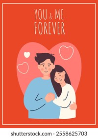 Romantic Valentine’s Day greeting card with couple in love. You and me. Vector illustration