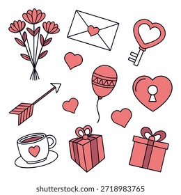 Romántico Día de San Valentín dibujado a mano Doodle Icon Set con flores, carta de amor, llave y cerradura del corazón, globos, cajas de regalo y taza de café, lindo Vector de Ilustraciones de amor mínimo