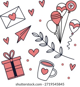 Romantic Valentine’s Day Hand Drawn Doodle Icon Set with Love Letter, Heart Balloons, Gift Box, Coffee Mug, Paper Plane and Floral Elements, Cute Minimal Love Vector