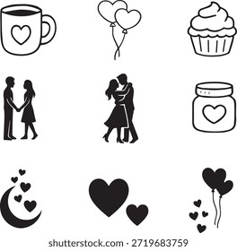 Conjunto de iconos románticos del día de San Valentín: siluetas de amor en blanco y negro