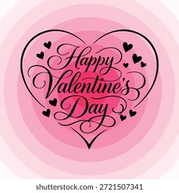 Ilustración romántica del día de San Valentín con una tipografía elegante con letras a mano "Feliz día de San Valentín" dentro de una forma de corazón con símbolos de amor decorativos sobre un fondo rosa suave. Perfecto para tarjetas de felicitación, carteles, publicaciones en redes sociales, invitaciones y diseños románticos.