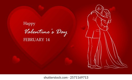 A romantic Valentine’s Day illustration featuring a minimalist line art of a couple embracing, with a red background, a large heart, and scattered small hearts