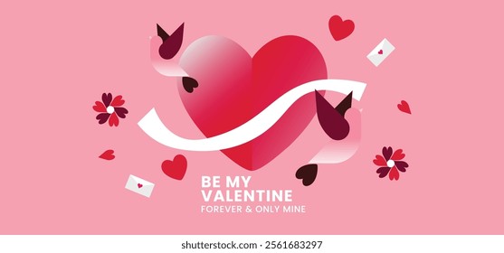 Romantic Valentine’s Day illustration featuring two lovebirds, a heart with a ribbon, roses, and scattered petals on a pink background. The design conveys love, romance, and celebration.