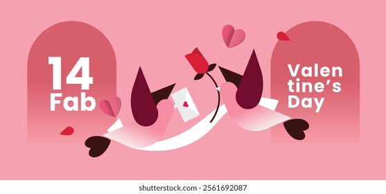 Romantic Valentine’s Day illustration featuring two lovebirds, a heart with a ribbon, roses, and scattered petals on a pink background. The design conveys love, romance, and celebration.