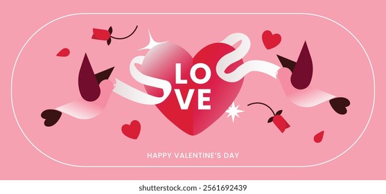 Romantic Valentine’s Day illustration featuring two lovebirds, a heart with a ribbon, roses, and scattered petals on a pink background. The design conveys love, romance, and celebration.