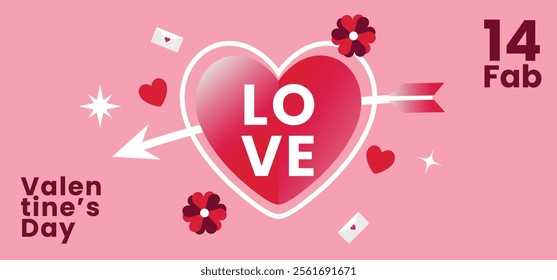 Romantic Valentine’s Day illustration with pink and red tones, hearts, flowers , letters, an envelope, and decorative accents symbolizing love, celebration, and affection in a modern flat design style