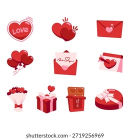 Un conjunto de ilustraciones románticas del Día de San Valentín con iconos temáticos del amor como corazones, cajas de regalo, sobres, chocolate, globos y símbolos románticos. Perfecto para tarjetas de felicitación, publicaciones en redes sociales, marcas, carteles, invitaciones, pegatinas y diseños digitales relacionados con el amor, el romance, la boda y las celebraciones de San Valentín. Estilo de Vector plano limpio adecuado para proyectos de diseño moderno.