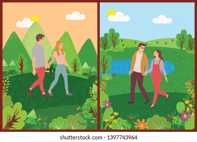 Romantic day of lovers, couple character walking in park, portrait view of male and female holding hands, people walking near mountains and lake vector