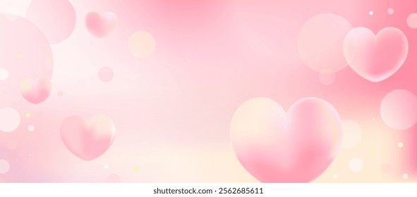 Romantic Valentine’s Day pastel background with soft pink hearts and glowing bokeh. Perfect for love-themed banners, greeting cards, and romantic designs. Vector illustration.