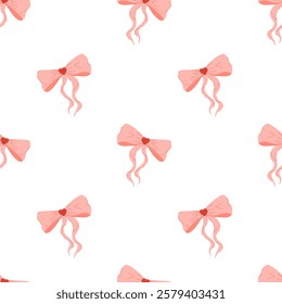 Romantic Valentine’s Day pattern with pink bows and ribbons. Seamless vector design for festive and decorative projects. Ideal for gift wrapping paper, textile, posters, web banners and holiday decor